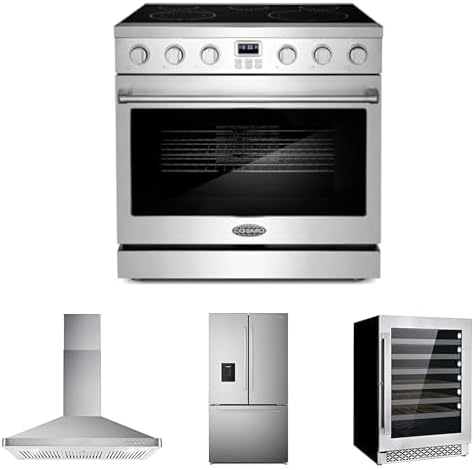 COSMO 4-Piece Kitchen Appliance Packages, 36" Electric Range, 36" Wall Mount Range Hood, 36" French Door Refrigerator and 48-Bottle Wine Cooler