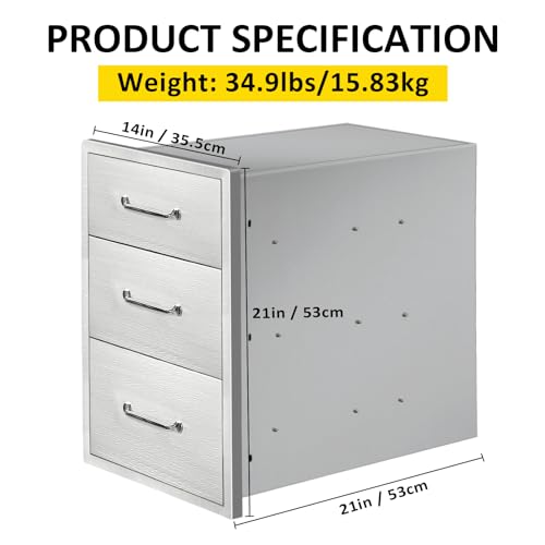 Image of Outdoor Kitchen Drawers 14 inch W x 21 inchH x 21 inchD Stainless Steel Drawer Flush Mount Triple BBQ Drawers with Chrome Handle for Outdoor Kitchen Island, Patio Grill Station