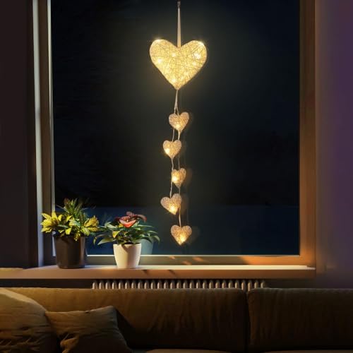 Lewondr Lichterkette Innen, Rattan-Herzform Lichterkette Deko Licht mit Timerfunktion Deko Hänger, Batteriebetriebene LED Lichte für Kinderzimmer Schlafzimmer Party Dekoration, Weiß