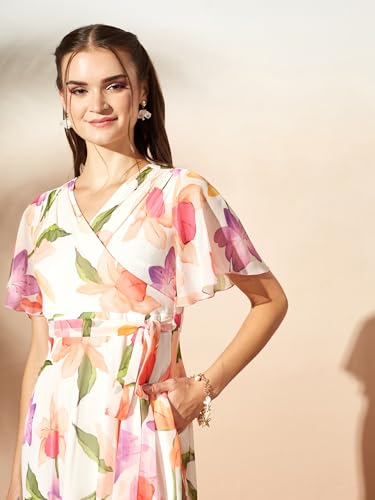 Image of Miss Chase Women's Floral V-Neck Flutter Sleeve Wrap Chiffon Maxi Dress
