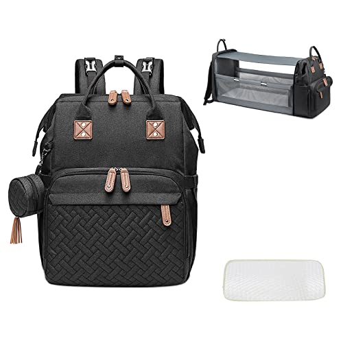 SONARIN Mochila de Pañales para Bebé con Cuna Plegable,Bolsa de Pañales Multifuncional Bolsa de Viaje para Pañales Bolsa para Cochecito con Cambiador Bolsa de Chupete y Puerto USB(Negro)