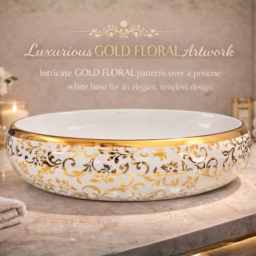 Image of Wallace Designer Oval Table Top Wash Basin White & Gold 60x40x15 cm | Premium Ceramic Countertop Vessel Sink with Floral Pattern | Luxury Over Counter Bathroom Basin