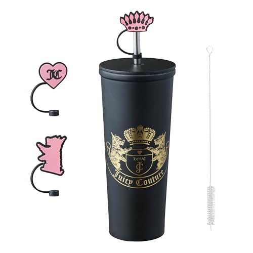 Juicy Couture 6-Piece Tumbler Gift Set With 24oz Stainless Steel Tumbler With Reusable Straw, 3 Straw Toppers and Cleaning Brush, Black
