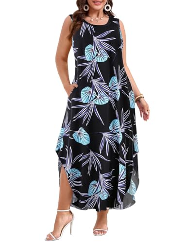 Image of JollieLovin Women Plus Size Summer Tank Maxi Dresses Sleeveless Causal V Neck Beach Long Dresses Swim Cover up (L-5X)