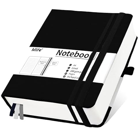 Mlife A4 Lined Journal Notebook, -360 stron, gruby notatnik College Ruled Notebook, gruby papier 100Gsm Premium, kieszeń wewnętrzna, twarda okładka PU, kobiet, biura i pracy (Czarny)