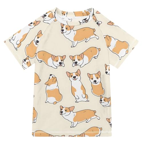 ALAZA Boys Swim Shirt Short Sleeve Rash Guard for Boys Girls UPF 50+ Dogs Cute Beige 9-10T