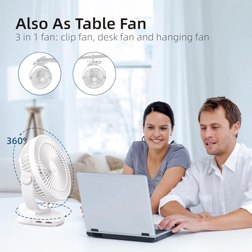 Image of 10000mAh 30hrs Rechargeable Clip on Fan, 8 Inch Battery Operated Fan Portable, 4 Speeds, Sturdy Clamp, Quiet USB Fans for Golf Cart Desk Treadmill Camping Truck Outdoor Travel Office, White