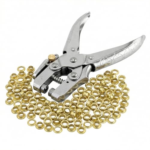 QWORK Ösenzange Set Lochzange mit 100 Ösen 16cm ösenpresse mit Ösen 5mm Nieten Ideales Werkzeug für Leder Stoff Gürtel Kleidung
