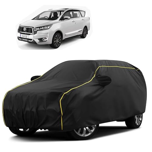 Image of Sulfar 100% Water Resistant Car Body Cover Compatible with Mirror for Toyota Innova Crysta (Triple Stitched, Full Bottom Elastic, Black Taffeta with Yellow Piping)