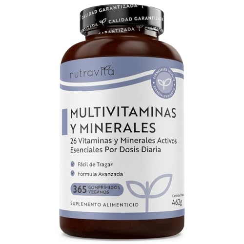 Nutravita Multivitaminas Mujer y Homre - 365 Comprimidos Veganos - Complejo Vitaminico de 26 Activos Esenciales - Vitamina C, D3, A, B12, E y Minerales - Vitaminas para el Cansancio - Multivitamínico
