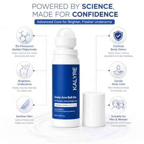 Image of KALYRE Under Arm Roll-On for Dark Underarms | 5% Potassium Azeloyl Diglycinate (PAD) | Brightening, Odour Control & Skin Soothing | Alcohol-Free Deodorant Roll-On | Reduces Underarm Pigmentation | 50ml