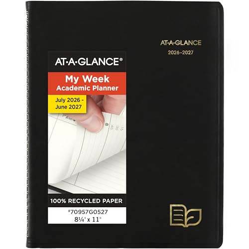 AT-A-GLANCE Planner 2026-2027 Weekly & Monthly Academic 12-Month July-June Quarter-Hourly Appointment Book 8-1/4 x 11 Recycled Black (70957G05)