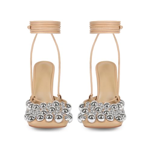 Image of Saint Leia Women's 4IN High Heel Sandals Nude Stiletto Pumps with Gold Silver Pearls Heels for Weddings Parties and Evening Wear