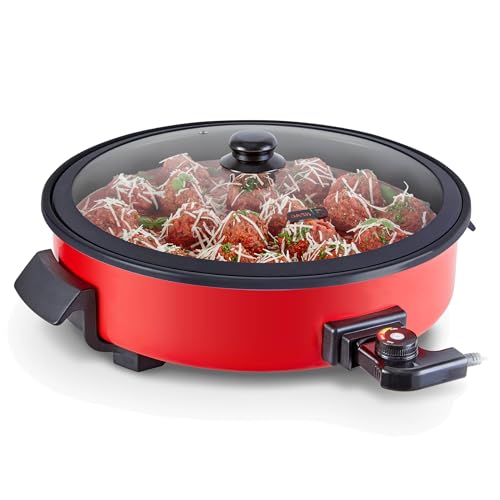 Dash Family Size Skillet - Electric Skillet for Multi-Purpose Cooking - Nonstick Cooking Surface - Tempered Glass Lid & Cool-Touch Handles - 6-Quart Capacity, Makes 24 Cups - 14", Red