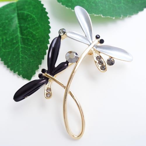 Image of Navachi 18k Gold Plated Multicolor Enamel White Crystal Double Dragonfly Wings Brooch Pins