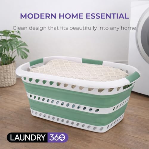 Image of Laundry 360 Collapsible Laundry Basket | Portable | Space Saver Storage | Hold 2 Loads | Store Under the Bed or Closet | Good for Kids | Dorm | Bedroom | Large | White /Sage