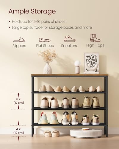Image of VASAGLE Shoe Rack, Shoe Storage Rack for Closet, Entryway, Living Room, Free Standing Metal Organizer Shelf, 4 Tiers, 11.8 x 29.5 x 27.2 Inches, for 12-16 Pairs, Rustic Brown and Ink Black ULBS049KD01