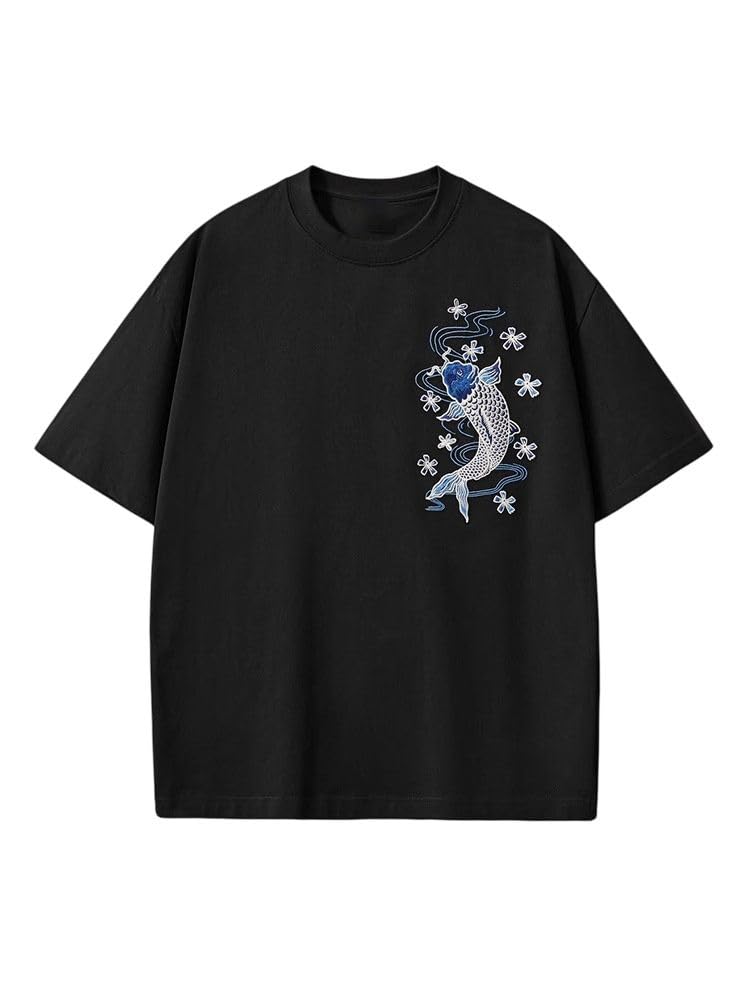 T-shirt girocollo in cotone da uomo con ricamo cinese allentato manica corta casual top