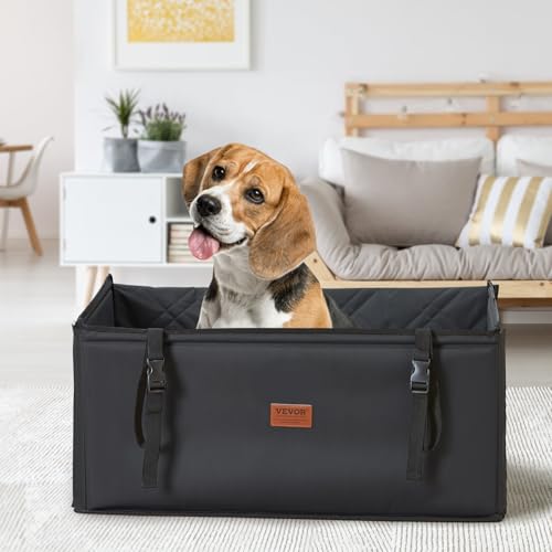 VEVOR Autositz Hunde 605 x 605 x 500 mm, Hundeautositz mit Stützrahmen, Haustierautositz mit ansteckbarer Sicherheitsleine, Baumwollfüllung, Rücksitz für kleine mittele Hunde bis 18 kg, Schwarz