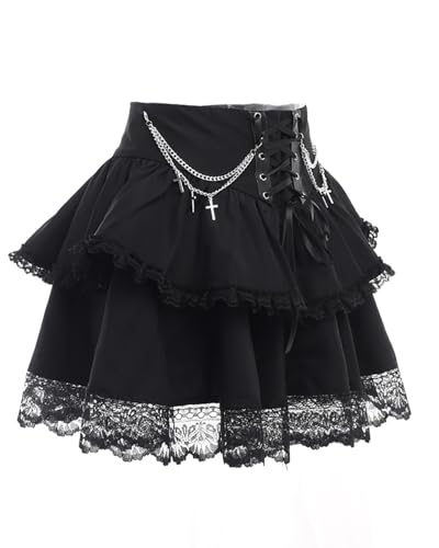 AULKEEP Womens High Wiast Black Mini Skirt Cute Lace Up Chain Gothic Pleated Skirts for Women4