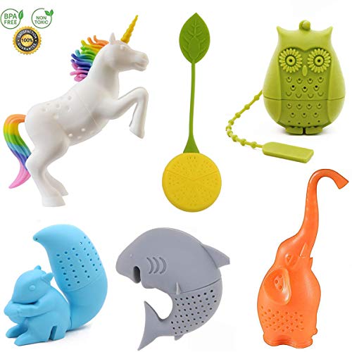Konrisa Silicone Infusori per tè Set di 6,Creativo Filtri e colini da tè Tea Strainer per sfuse Filtro Infusore Regalo per gli amanti del tè Include Unicorno Gufo Elefante Squalo Scoiattolo Limone