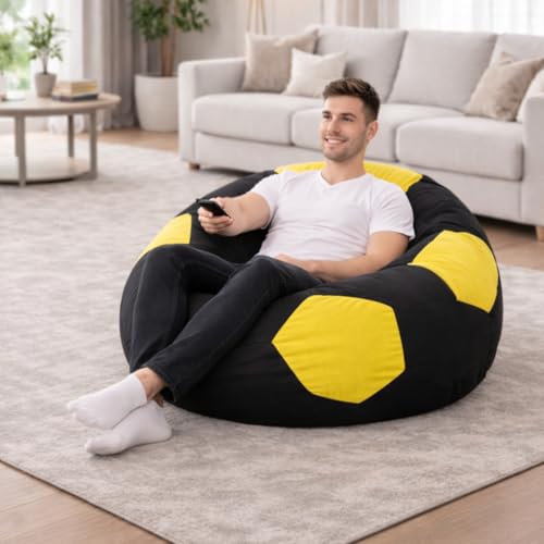Image of RnS Rest 'n' Sleep - Bean Bag Football Chair Filled with Beans for Living Room, Bed Room for Relaxing, with 1 Year Warranty (Yellow /Black, XXXL)