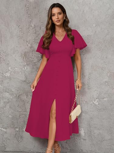 Image of Shasmi Girl's & Women's Pleated Midi Dress with Flutter Sleeves | V-Neck Western Dress for Women | Elegant A-Line Summer Outfit | Office & Casual Wear (Dress 244)