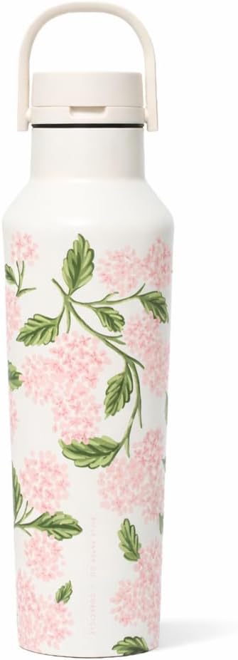 Corkcicle Sport Canteen Insulated Water Bottle - Stainless Steel Water Bottle for Travel & Gym, Triple Insulated, Leak Proof, Folding Handle, Wide Mouth, BPA-Free - 20oz - Rifle Paper Pink Hydrangea