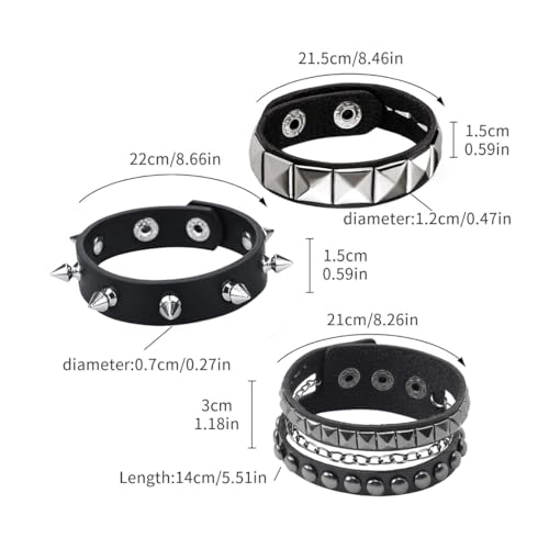 3 Pcs Punk Rock Studded Bracelet Set Spiked Leather Cuff Bracelet for Men Women 80s Wristband Emo Bracelet Adjustable4