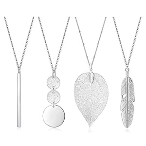 4 PCS Long Necklaces for Women – Fashion Pendant Necklace Jewelry, Silver Bar Feather Circle Leaf Lock Tassel Y Necklace Jewelry Set for Girls