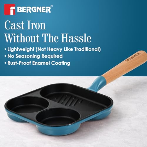 Image of Bergner Excalibur Lightweight Cast Iron 18cm Breakfast Pan, Sturdy Wooden Handle, Non-Stick Coating, PFAS Free, Perfect Heat Distribution, Elegant Design - Induction Compatible (Blue)