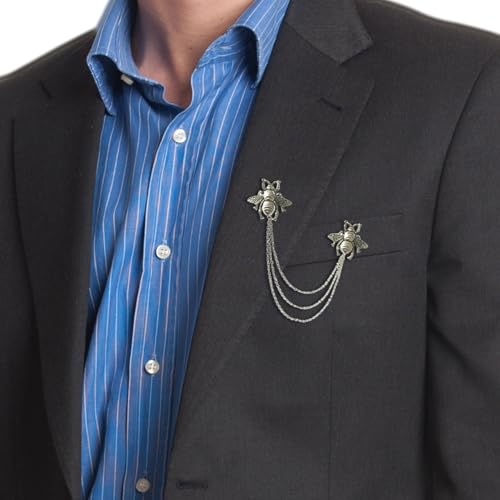 Image of Vintage Metal Rose Bee Lapel Pin for Men Collar Pins Gold Plated Silver Plated Flower With Hanging Chain Lapel Pins for Men's Suit Accessories Brooch Pin Fashion Jewelry for Men Women