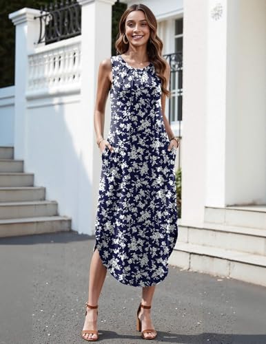 Image of Zeagoo Women Floral Summer Casual Beach Printed Tank Dress with Pockets Pleated Front Long Dress