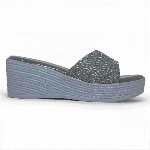 Image of WFS Women's Black 2.5 Inch Wedge Heel Slip-On Fashion Sandals - Shimmer Finish