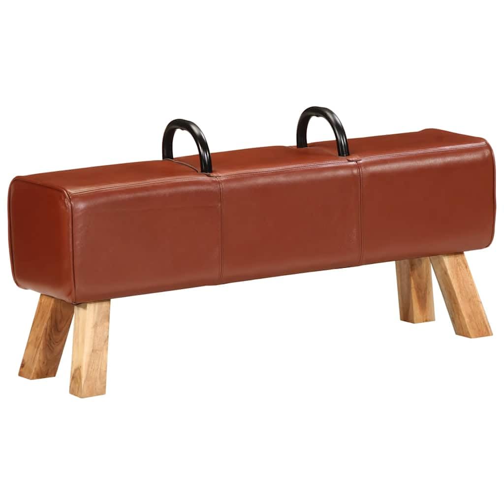 Ławka Turnbock-Design brązowa 110 cm prawdziwa skóra ławka do siedzenia z drewnianą ramą tapicerowane oparcie do salonu sypialni korytarza