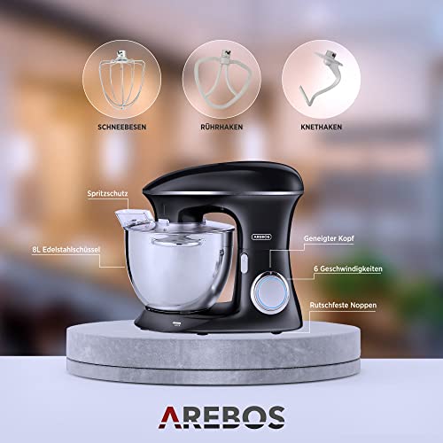 Arebos Küchenmaschine 1500W | Knetmaschine mit 8L Edelstahl-Rührschüssel | Küchenmixer mit Rührhaken, Knethaken, Schlagbesen und Spritzschutz | 6 Geschwindigkeiten | Teigmaschine | Schwarz