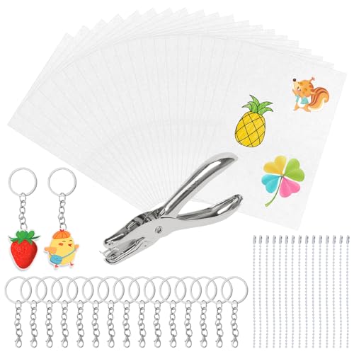 Juibao 51 Stück Schrumpffolie Set, 20 Blatt Schrumpfpapier mit Schlüsselanhänger Kugelkette und Locher, Schrumpfende Plastikfolie Schrumpffolie für Schlüsselanhänger, Anhänger, Ornamente Basteln