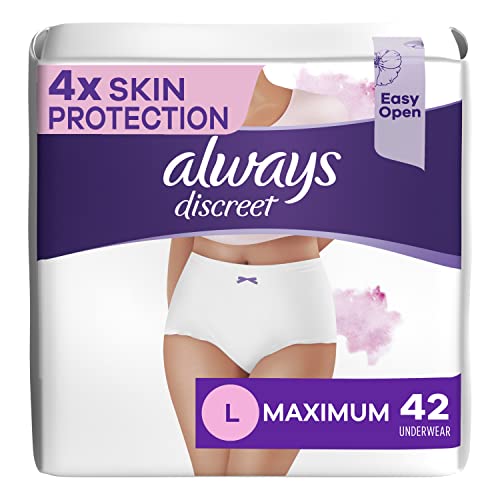 Image of Always Discreet, Incontinence & Postpartum Underwear for Women, for Sensitive Skin, Size Large, Maximum Plus Absorbency, Fragerence Free, Disposable, 42 Count