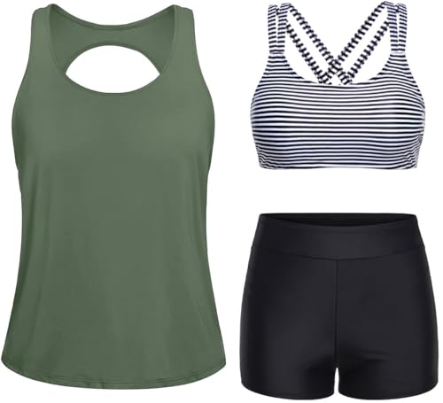 Image of Yonique 3 Piece Tankini Swimsuits for Women Swim Tank Top Bathing Suits with Boy Shorts and Bra Athletic Swimwear