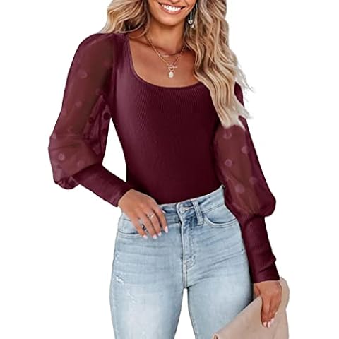 BTFBM Women Casual Long Sleeve Crewneck Tops Sheer Lace Splicing Polka Dot Blouses Solid Color T Shirts Slim Knit Ribbed Tops, Solid Wine Red, Small Cover