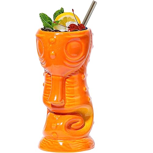 NUACOS Tiki Mug 360ml/13oz Tiki Ceramic Mugs Lovely Seahorse Novelty Tiki Cocktail Cup for Hawaiian Party Barware Bar Decoration Accessories,Orange,360ML