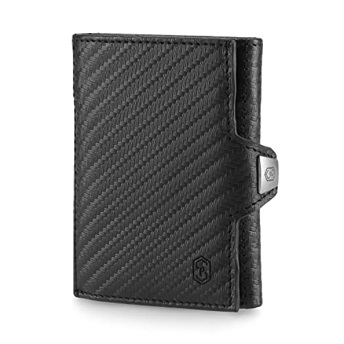 Slimpuro TRYO Kleine Geldbörse Herren & Damen, Leder Portemonee mit Münzfach, Kartenetui, Geldbörse Männer RFID Schutz, Druckknopf, Portemonnaie, Mini-Geldbörse mit Platz für mehrere Karten, Carbon Cover