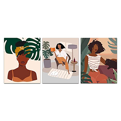 Modern Minimalist Boho Black Woman Leaf African American Woman Terracotta Art Painting Set of 3 (â 8x10âCanvas Picture) Mid-Century Living Bathroom Office Corridor Art Prints Home Decor Unframed