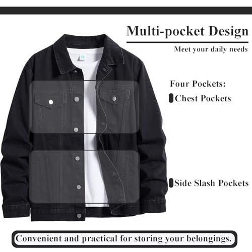 Image of Men's Denim Jacket Vintage-Inspired Jean Jacket with Multiple Pockets - Cotton Blend, Machine Washable
