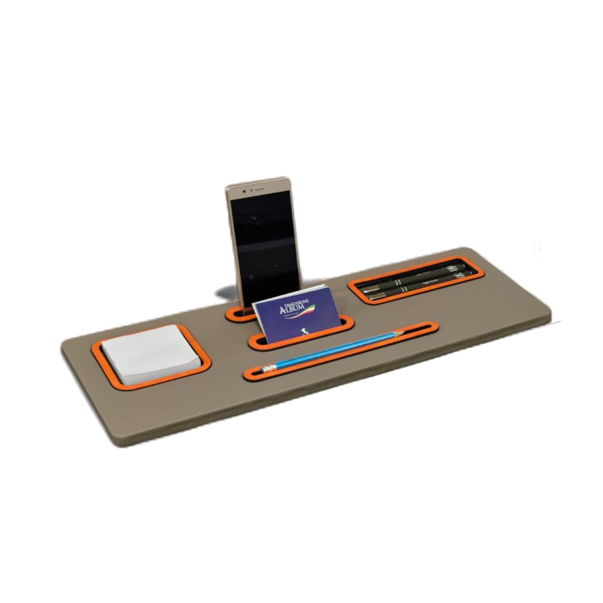Organizzatore da Scrivania Set Multifunzionale in eco pelle TORTORA, Supporto per Smartphone con Portapenne, Portabiglietti e Post-it, Portafoto da tavolo, Design Moderno, Ufficio (PU Arancio)
