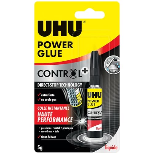 UHU Power Glue - Glue Extra-Forte Control - Multi-Supports : Plastique, Métal, Bois, Matériaux Non Poreux - Ne Coule Pas - Résistante à L'eau - Application Précise - Transparente - Tube 5 g