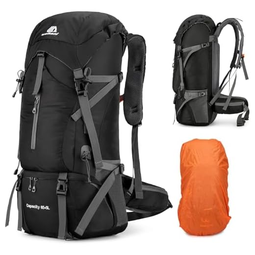 JOVELL Zaino da 70L Impermeabile per Escursionismo e Campeggio con Copertura per la Pioggia, Ultraleggero ad Alta Capacità per Sport all'Aperto, Viaggio, Arrampicata e Touring (70 L, Nero)
