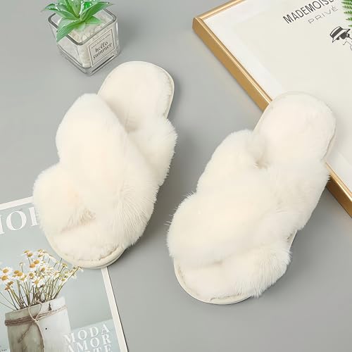 Slippers for Women Fluffy Cross Band Open Toe Slippers Non-slip House Slippers Cozy Soft Bedroom Hospital Indoor Outdoor Slipper2