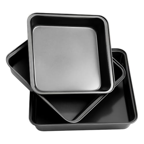 3-Piece Square Baking Pan Collection - 8/9/10 Inch Non-Stick Brownie & Cake Pans - Dishwasher Safe Bakeware for Effortless Cleaning, Oven Safe (Black)