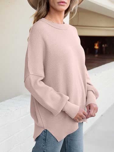 Image of ANRABESS Women Oversized Sweaters Batwing Long Sleeve 2026 Fall Outfits Crewneck Casual Knit Side Slit Fashion Pullover Top